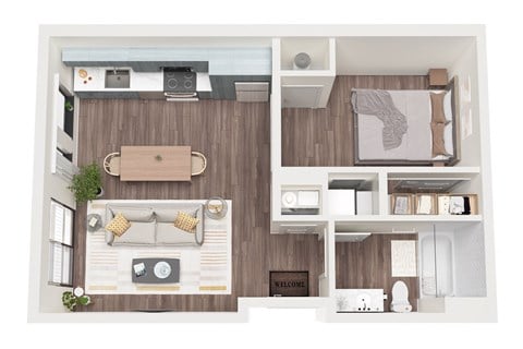 Floor plan for 1 bed, 1 bath, 579 sqft